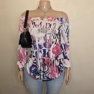 ☆Off-Shoulder Pink & Blue Graphic Womens Top☆
